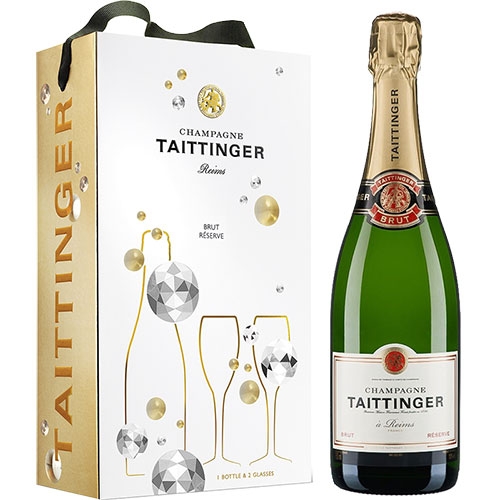 Taittinger Brut Réserve 750 ml in Diamonds Geschenkpackung mit zwei Gläsern