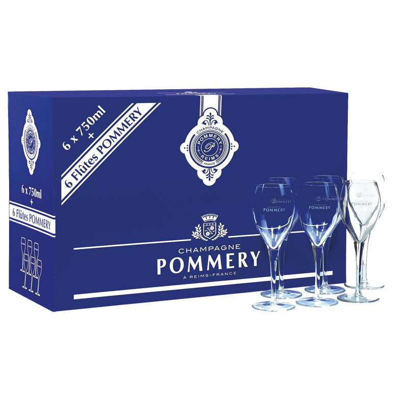 Pommery Brut Royal Vorteilspaket mit 6 Flaschen und 6 Gläsern