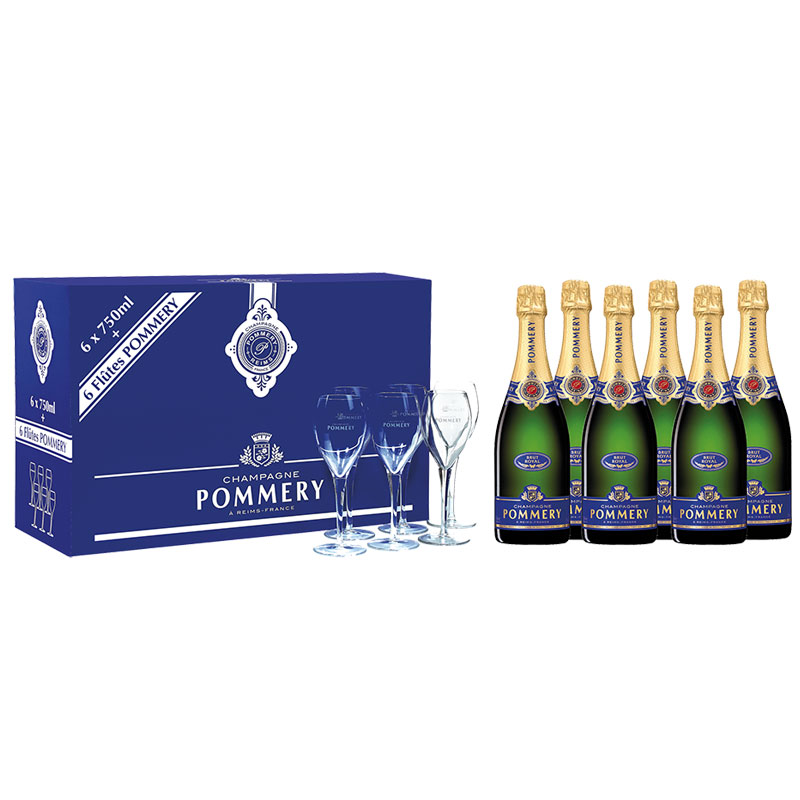 Pommery Brut Royal Vorteilspaket mit 6 Flaschen und 6 Gläsern