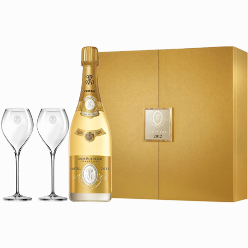Louis Roederer Cristal Brut 2012 in Luxus-Geschenkpackung mit zwei Gläsern